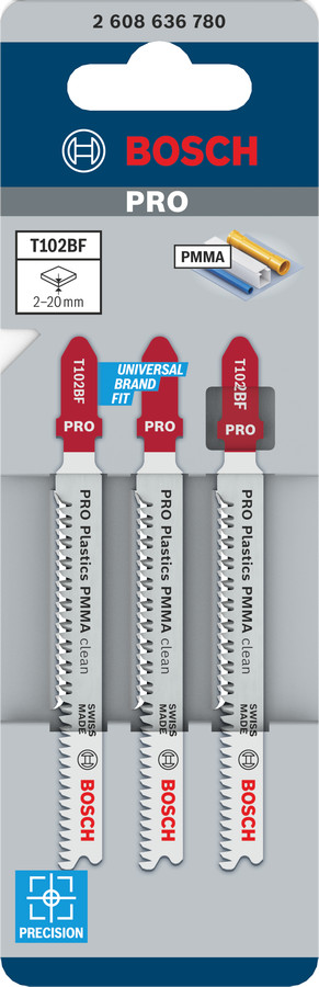 3 figūrzāģa asmeņi T 102 BF, Clean for PMMA, Figūrzāģiem PRO PLASTICS PMMA CLEAN T102BF FIGŪRZĀĢA ASMENS, 2608636780, BOSCH