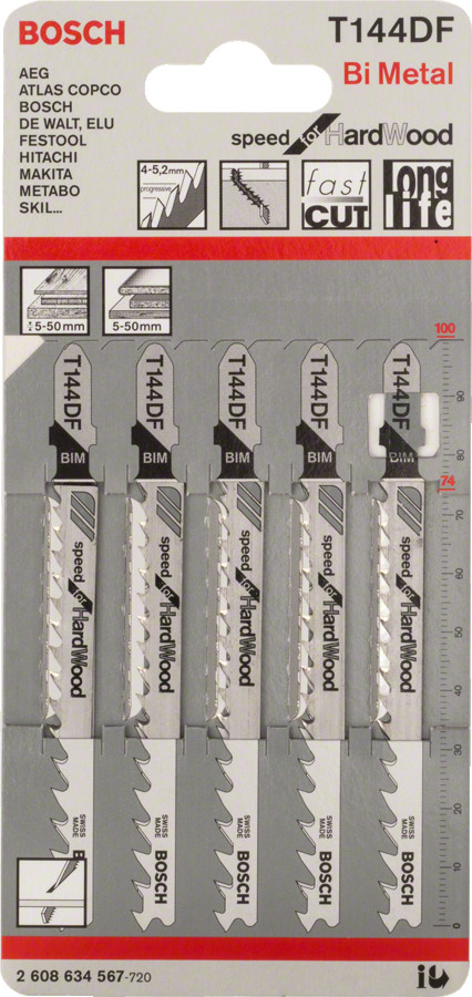 5 figūrzāģa asmeņi T 144 DF, Figūrzāģiem PRO HARDWOOD FAST T144DF FIGŪRZĀĢA ASMENS, 2608634567, BOSCH