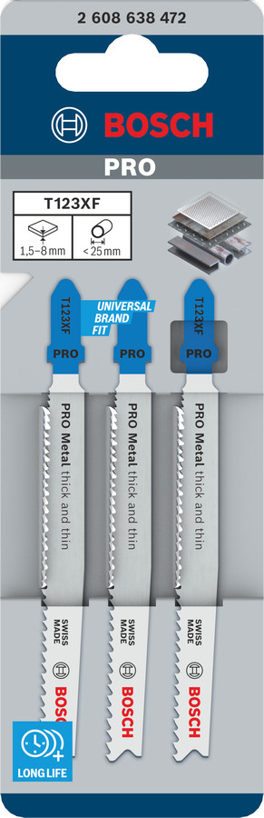 3 figūrzāģa asmeņi T 123 X (Progressor), Figūrzāģiem PRO METAL THICK AND THIN T123XF FIGŪRZĀĢA ASMENS, 2608638472, BOSCH