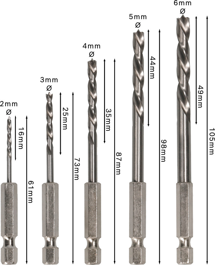 Urbju kompl. kokam Ø 2-3-4-5-6, 1/4 kāts, Urbjmašīnām/skrūvgriežiem PRO WOOD HSS SPIRĀLURBJU KOMPLEKTS, 2608595525, BOSCH