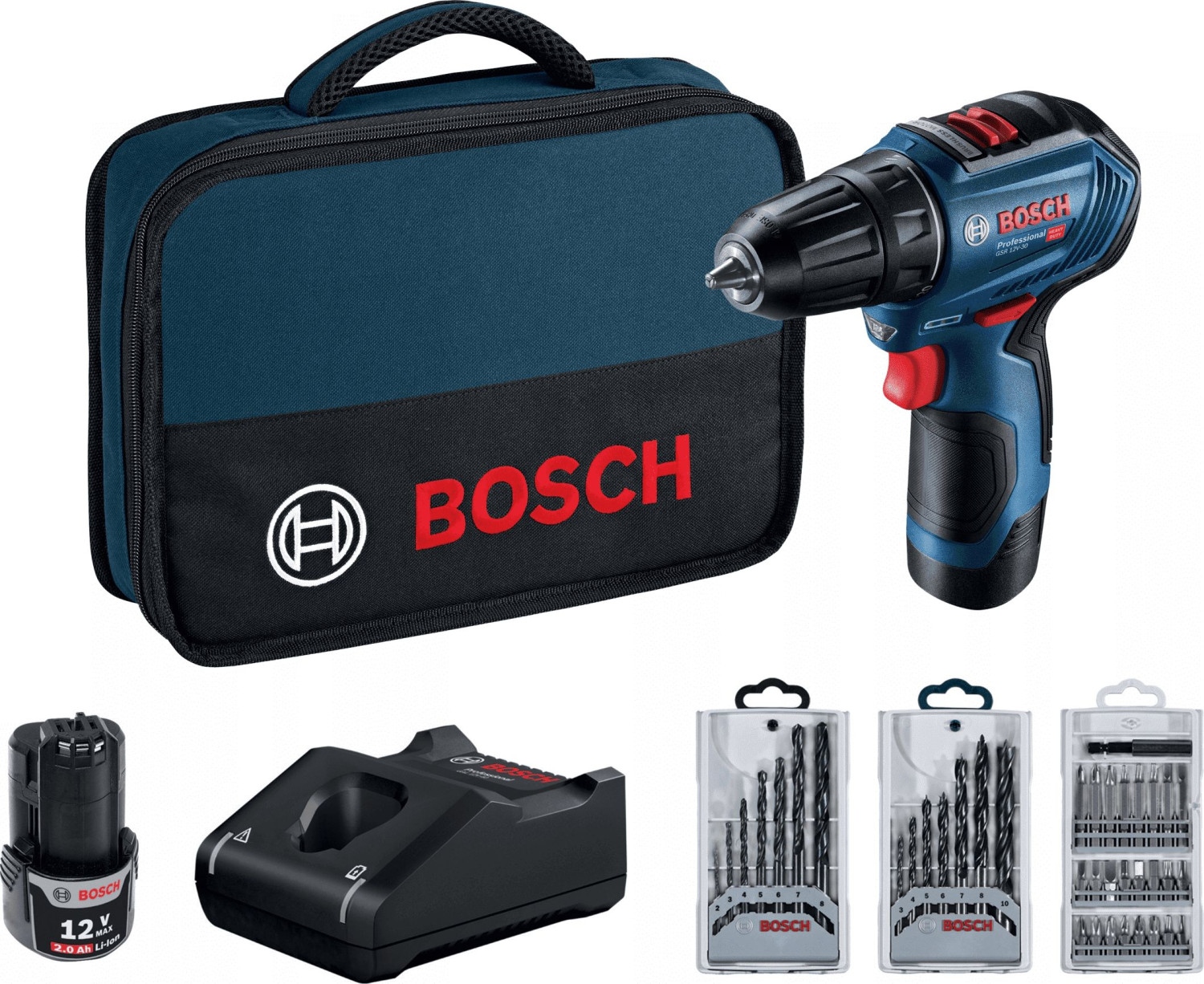 Akumuliatorinis gręžtuvas/atsuktuvas GSR 12V-30 12V (2x2,0Ah + priedai) 06019G9001 BOSCH