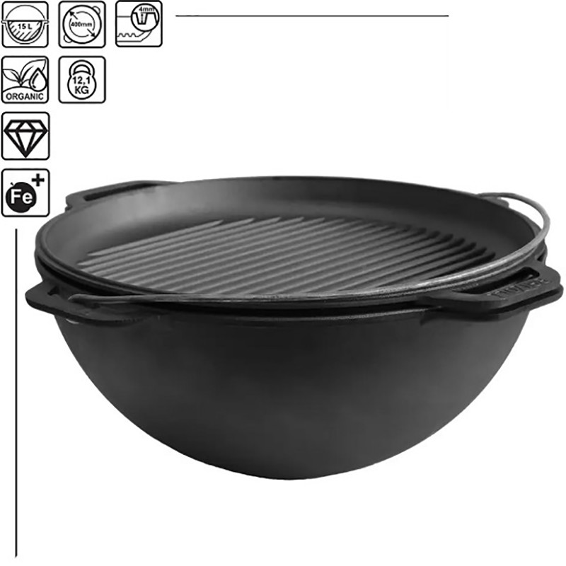 Azijietiškas ketaus puodas su ketaus dangčiu-grilinimui, 15L, TM, 400mm; BC-KA15-3 BRIZOLL