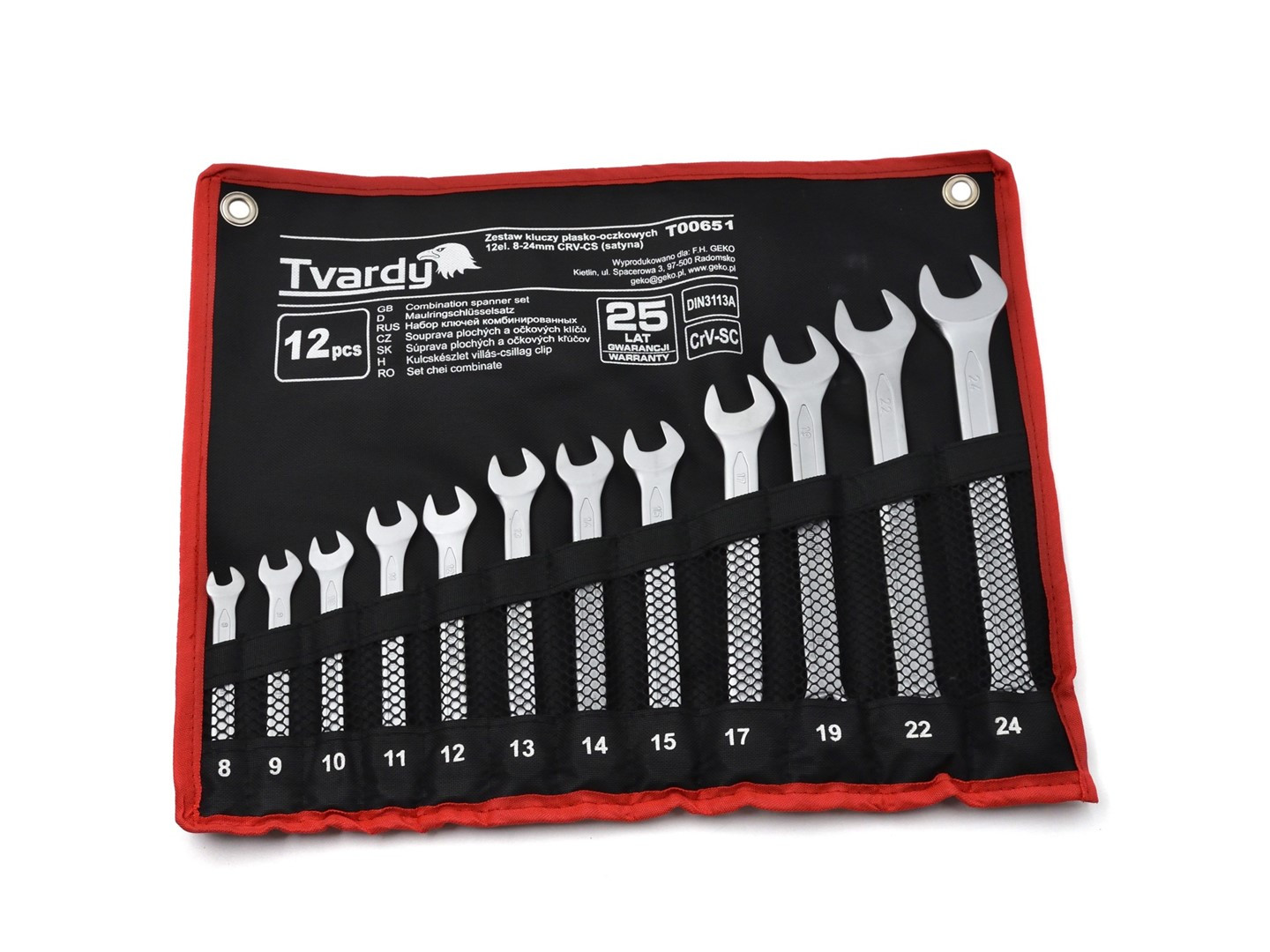 12pcs Combination spanner set 8-24mm, satin, CRV, Cold stamped T00651 Tvardy