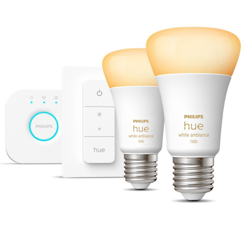 Philips Hue išmaniųjų šviestuvų rinkinys E27 8W WA, 2vnt. + Hue Bridge + Hue Switch