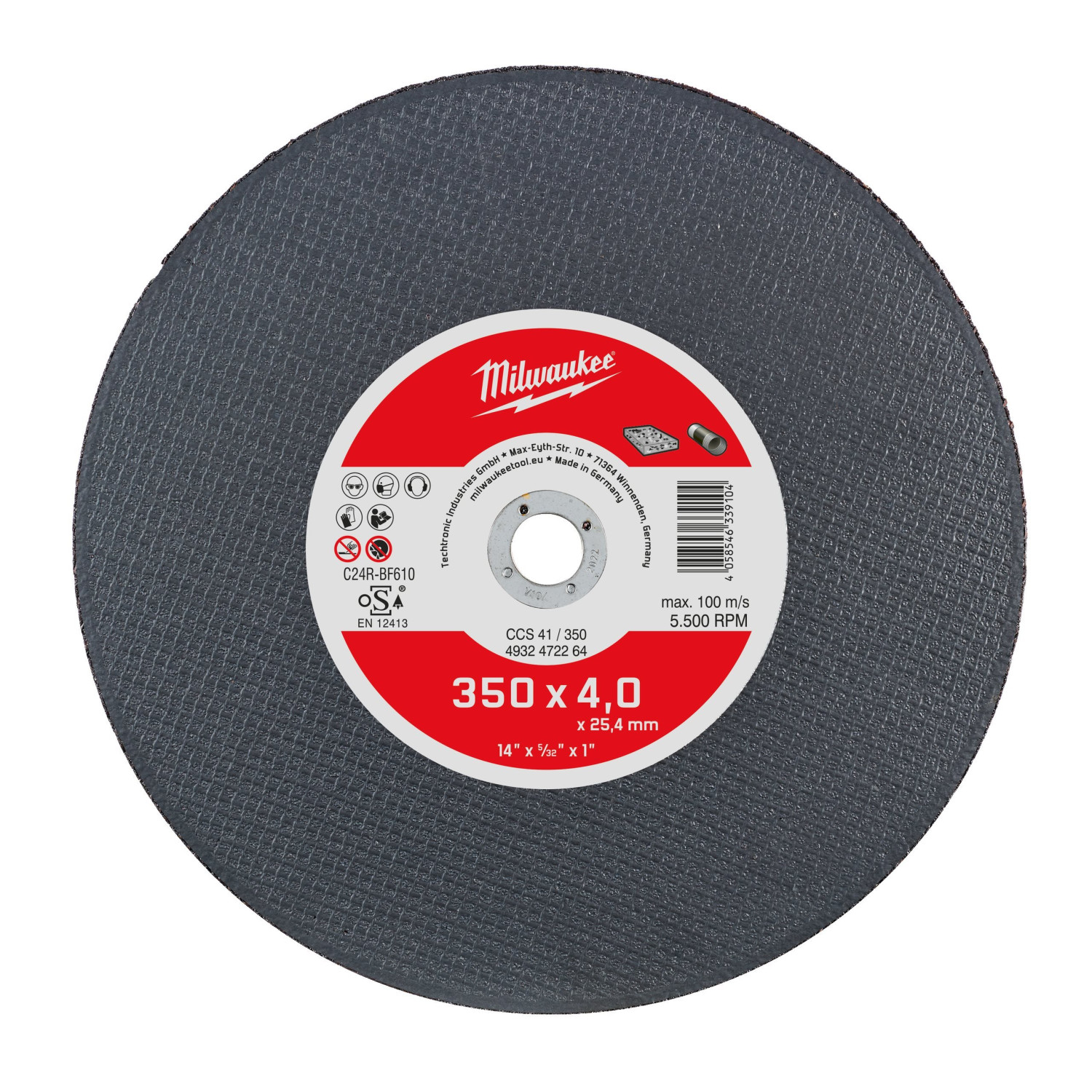 PLĀNAIS PLASTISKĀ ČUGUNA, AKMENS UN PLAŠA MATERIĀLU KLĀSTA DISKS, STONE CUTTING DISC CCS41 350X4MM-1PC, 4932472264 MILWAUKEE