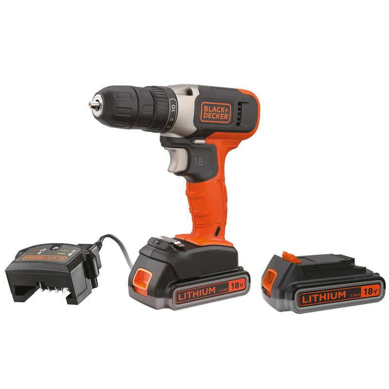 18V 1 Gear Drill Driver, 2x 2.5Ah Battery, 1A Charger, Kitbox BCD001E2K-QW BLACK DECKER