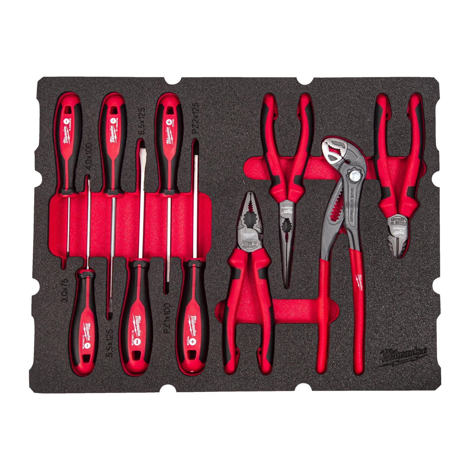 10 PACKOUT™ GAB. SKRŪVGRIEŽIEM UN KNAIBLĒM PAREDZĒTS ATVILKTŅU PUTU IELIKTŅU KOMPLEKTS, 10 PC PACKOUT DRAWER SCREWDRIVER & PLIER FOAM INSERT SET, 4932493638 MILWAUKEE