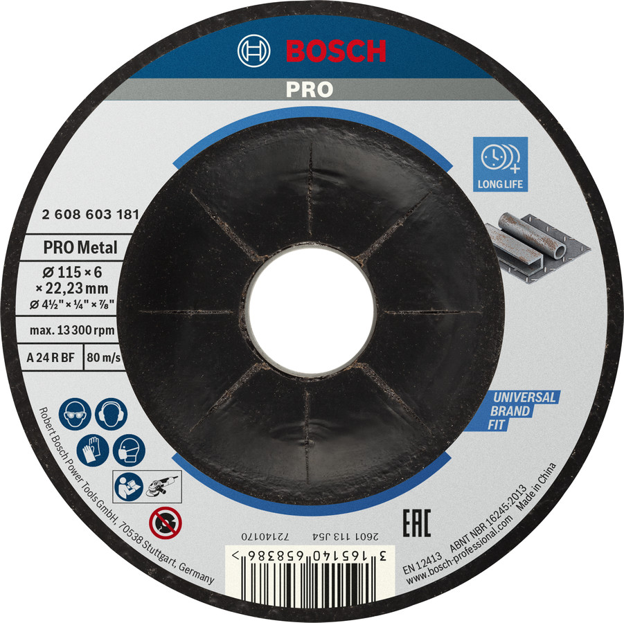 Slīpēšanas disks,izliekts Metālam,115X22X6 mm, Mazām leņķa slīpmašīnām PRO METAL SLĪPRIPA, 2608603181, BOSCH