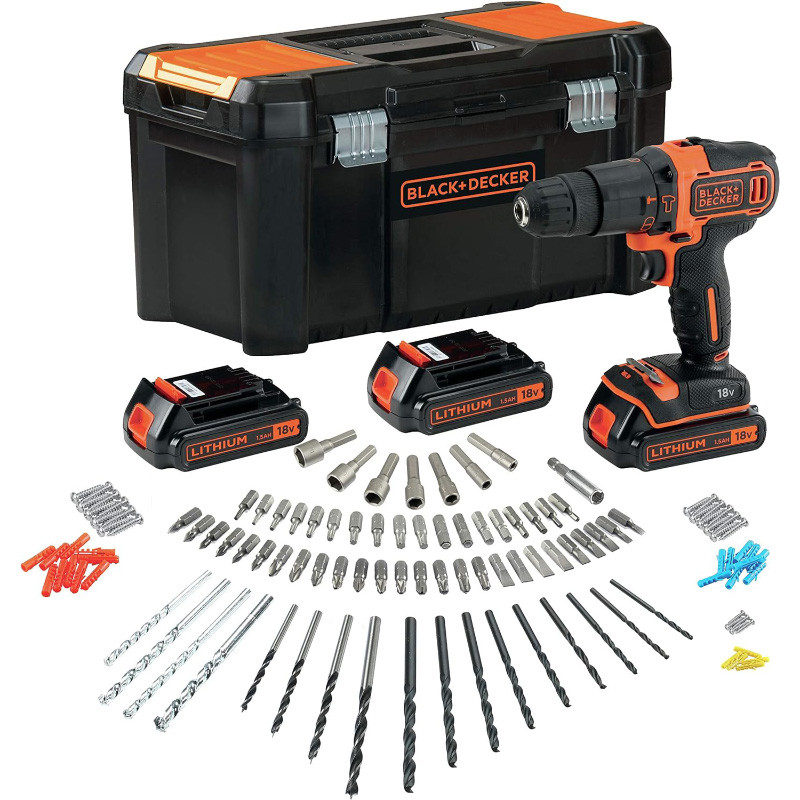 Аккумуляторная дрель 18 В BDCHD181B3A, 3x1,5 Ач +120 аксессуаров, BDCHD181B3A-QW BLACK DECKER