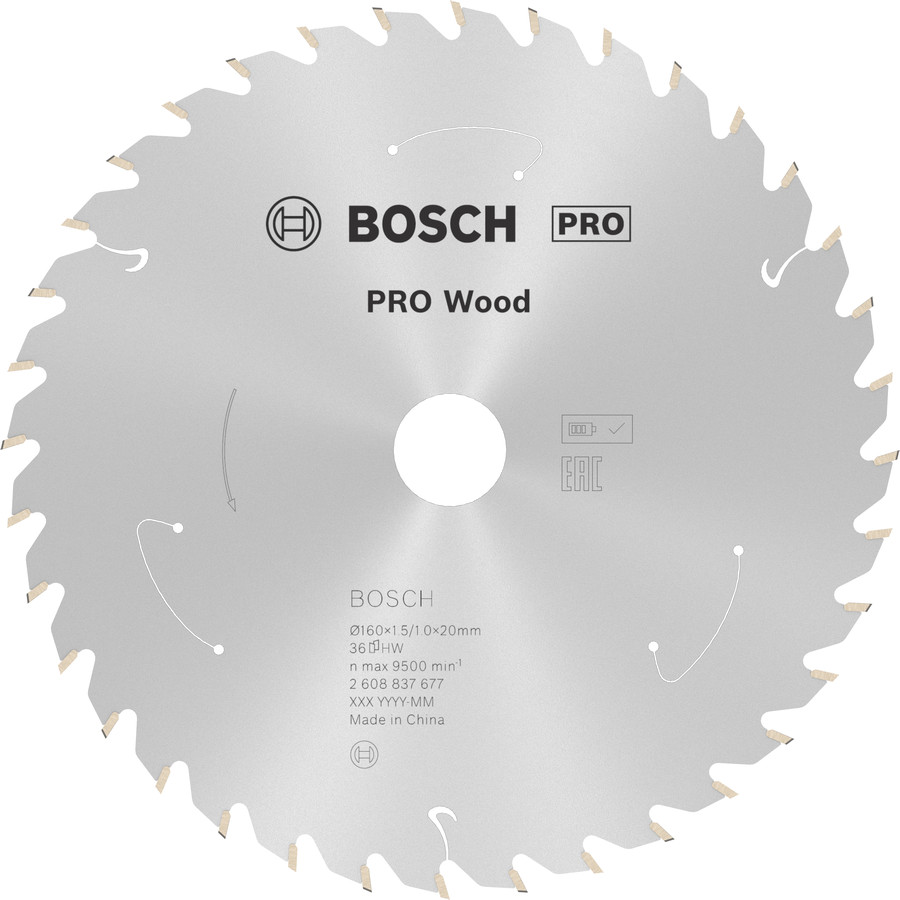 Standard for Wood 160x20/15.875x1.5/1.0x36T, Rokas ripzāģiem PRO WOOD CORDLESS RIPZĀĢA ASMENS, 2608837677, BOSCH