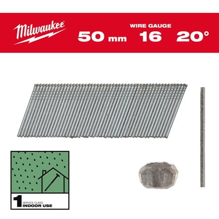 APDARES NAGLAS, 16G, 20°, PLĀNA GALVIŅA, 16G / 20° / 50 MM / G / SC1 - 2.000 PC, 4932492585 MILWAUKEE