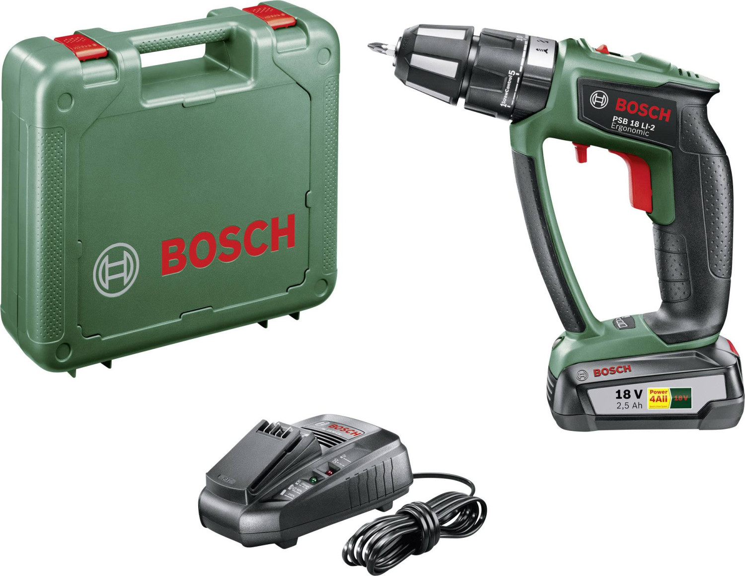 Akumuliatorinis smūginis gręžtuvas PSB 18 LI-2 Ergonomic 18V (1x 2.5Ah) 06039B0300 BOSCH