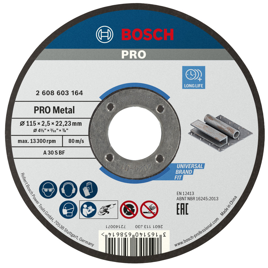 Griešanas disks metālam 115 x 22,23 x 2,5 mm, Mazām leņķa slīpmašīnām PRO METAL GRIEZĒJDISKS, 2608603164, BOSCH