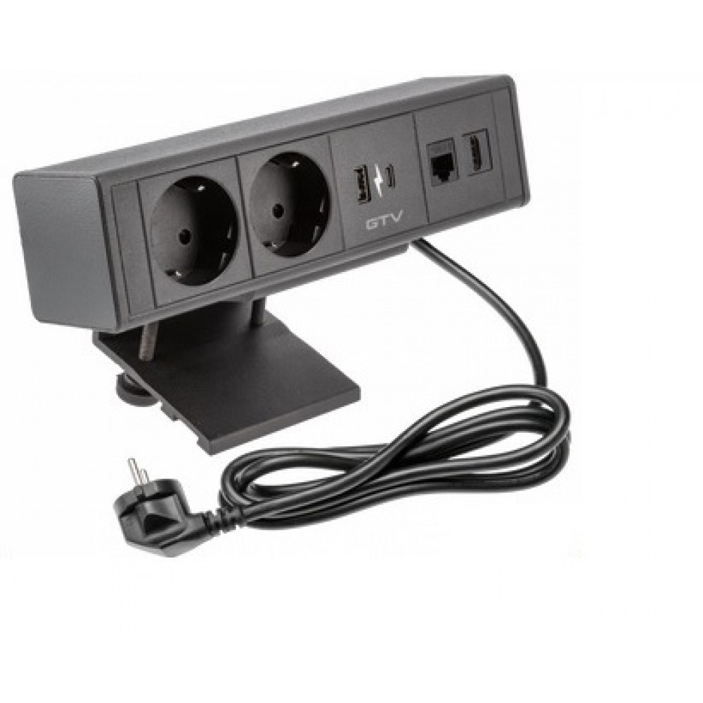 Į stalą įmontuojamas ilgintuvas, 2x schuko, 1xUSBA, 1xUSBC. 1xRJ45, 1xHDMI,, 1,5 m, juodas, AE-GM2SBAR-20 GTV