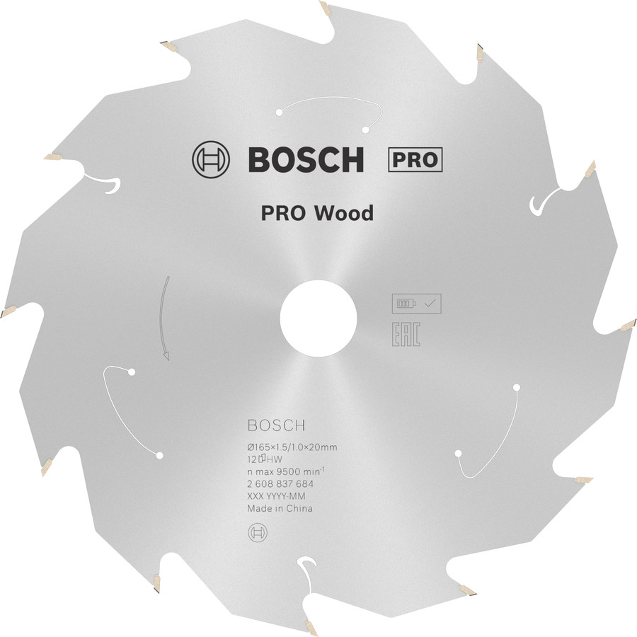 Standard for Wood 165x20/16x1.5/1.0x12T, Rokas ripzāģiem PRO WOOD CORDLESS RIPZĀĢA ASMENS, 2608837684, BOSCH