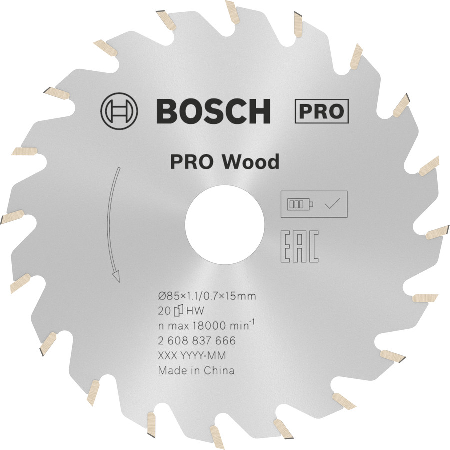 Standard for Wood 85x15x1.1/0.7x20T, Rokas ripzāģiem PRO WOOD CORDLESS RIPZĀĢA ASMENS, 2608837666, BOSCH