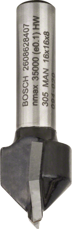 V-gropes frēze HM 90o, l=16mm,kāts 8mm, Rokas frēzēm, malu frēzēm V VEIDA GROPJU FRĒZE STANDARD FOR WOOD V-GROOVE BIT, 2608628407, BOSCH