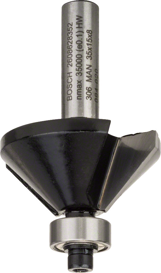 Nošķelšanas frēze HM 45o, l=15 mm,kāts 8mm, Rokas frēzēm, malu frēzēm STANDARD FOR WOOD CHAMFER BIT 45 DEGREE ANGLE, 2608628352, BOSCH