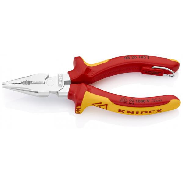 NEEDLE-NOSE COMBINATION PLIERS CHROME PLATED, HANDLES INSULATED WITH MULTI-COMPONENT GRIPS, VDE-TESTED, WITH INTEGRATED INSULATED TETHER ATTACHMENT POINT, 0826145TBK KNIPEX