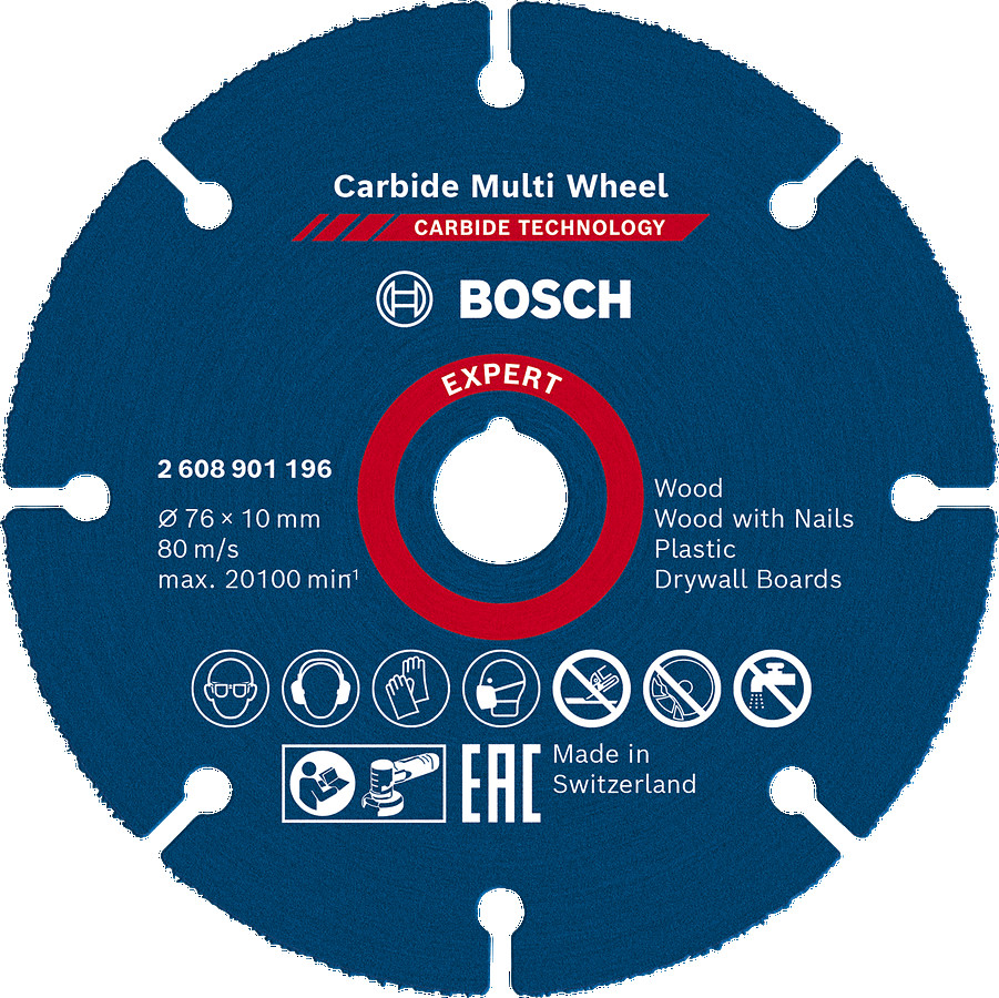 Cietmetāla disks GWS 12V-76, 76x10x1 mm, Mazām leņķa slīpmašīnām EXPERT CARBIDE MULTI WHEEL GRIEZĒJDISKS, 2608901196 BOSCH