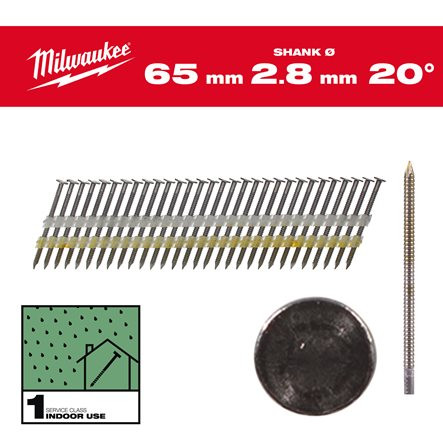 IETVARA NAGLAS, 20°, APAĻGALVAS, 20° ROUND HEAD 65 MM / RS / B / SC1 - 2.000 PC, 4932492587 MILWAUKEE