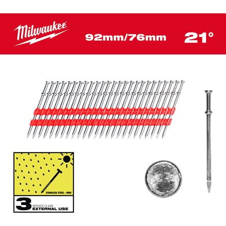 21° DUPLEX NAGLAS, DUPLEX NAILS 21° ROUND HEAD 92 MM / 76 MM - 2000 PC, 4932498156 MILWAUKEE