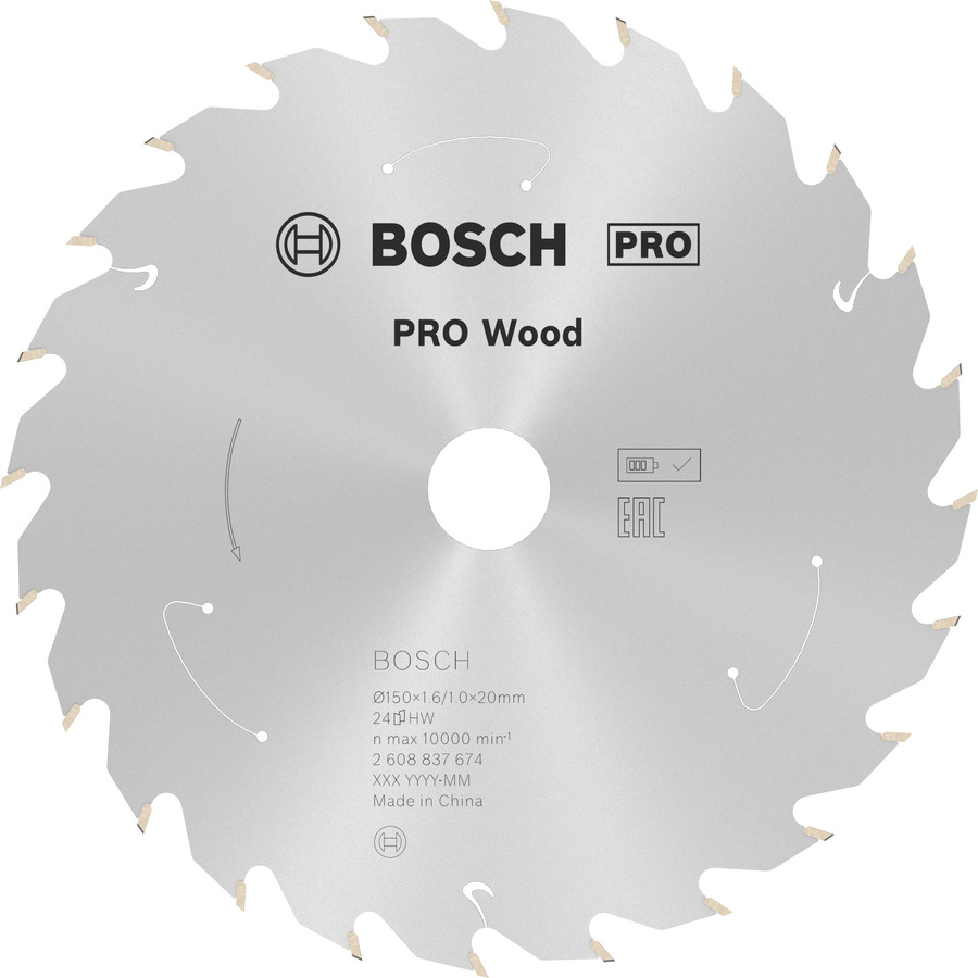 Standard for Wood 150x20/16x1.6/1.0x24T, Rokas ripzāģiem PRO WOOD CORDLESS RIPZĀĢA ASMENS, 2608837674, BOSCH