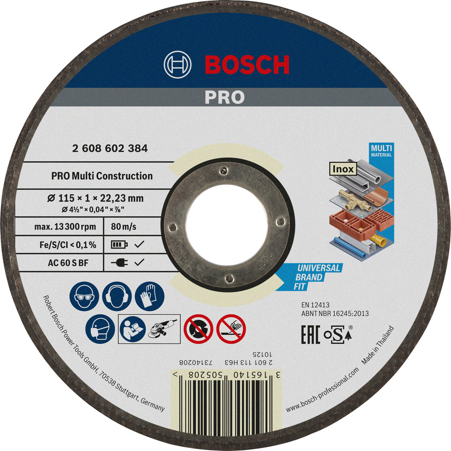 Griešanas disks Rapido Multi Constr 115, 1,0 mm, Mazām leņķa slīpmašīnām PRO MULTI CONSTRUCTION GRIEZĒJDISKS, 2608602384, BOSCH