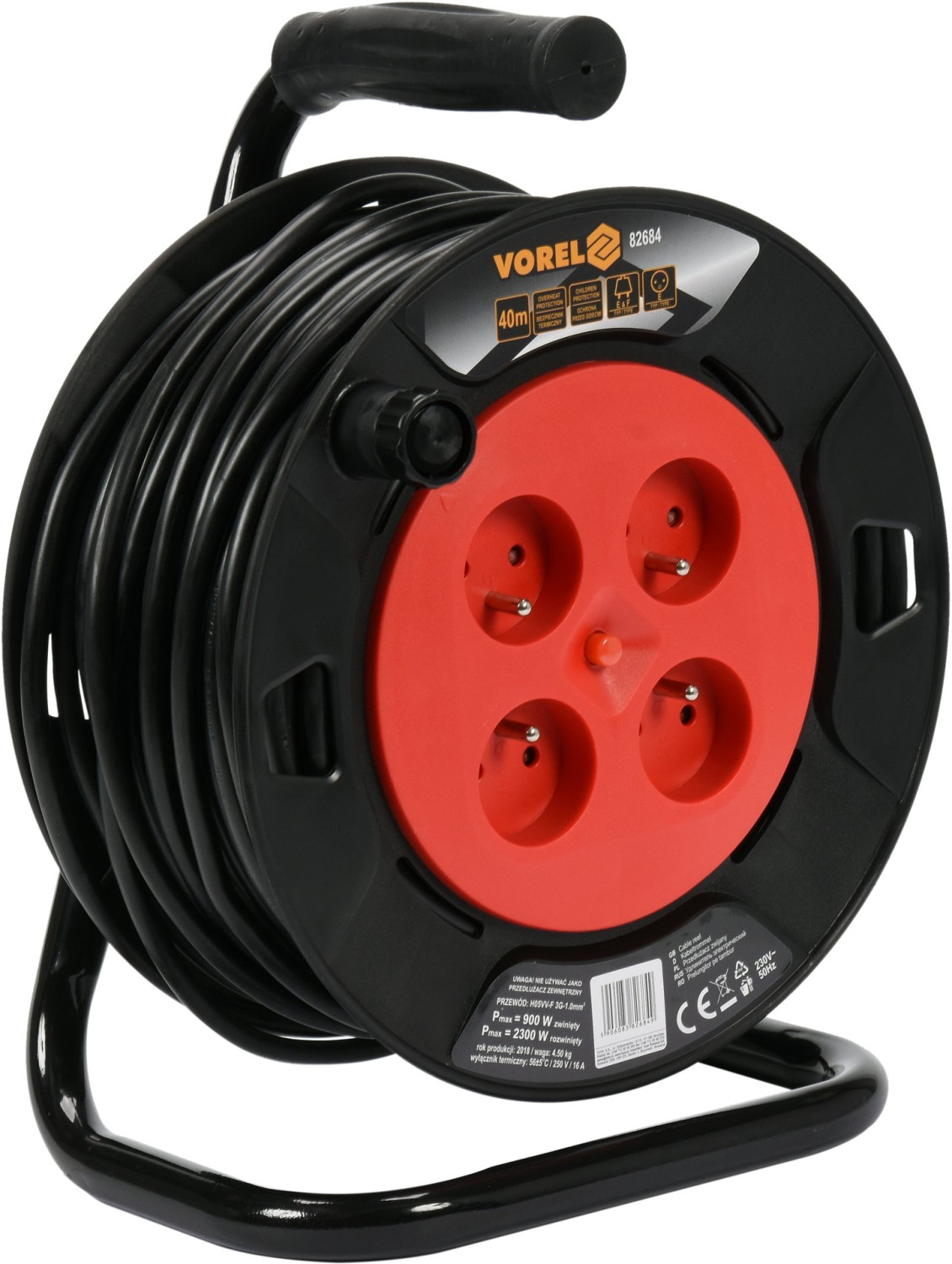 CABLE REEL 40M 4-SOCKETS 230V, 3x1,0MM2 82684 VOREL