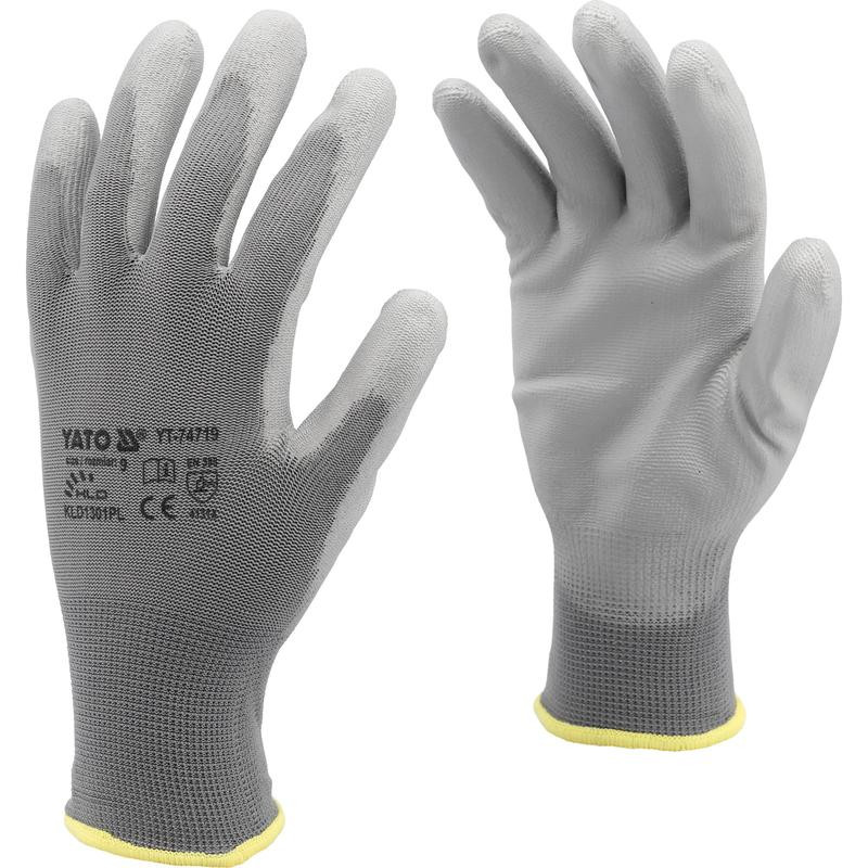 Working Gloves Polyester/Pu Grey S. 10 YT-7472 YATO