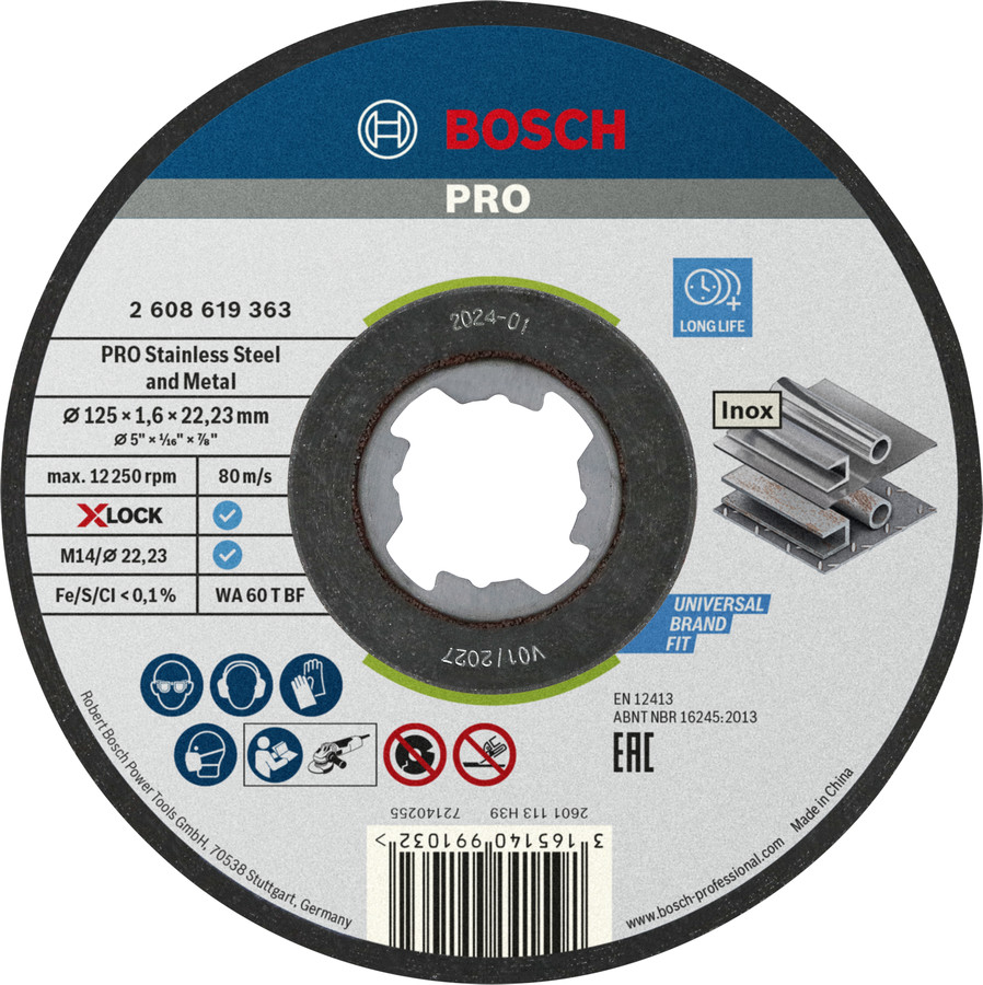 X-LOCK Standard for Inox 125 × 1,6 × 22,23 mm, Mazām leņķa slīpmašīnām PRO STAINLESS STEEL AND METAL GRIEZĒJDISKS AR SAISTVIELĀM, 2608619363, BOSCH