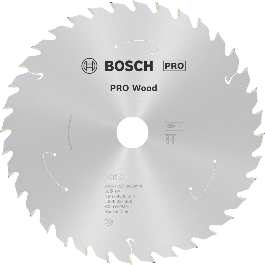 Standard for Wood 165x20/16x1.5/1.0x36T, Rokas ripzāģiem PRO WOOD CORDLESS RIPZĀĢA ASMENS, 2608837686, BOSCH