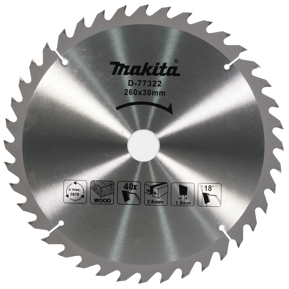 Zāģripa kokam T.C.T. 260X2.6X30mm 18° T40, Standard D-77322 MAKITA