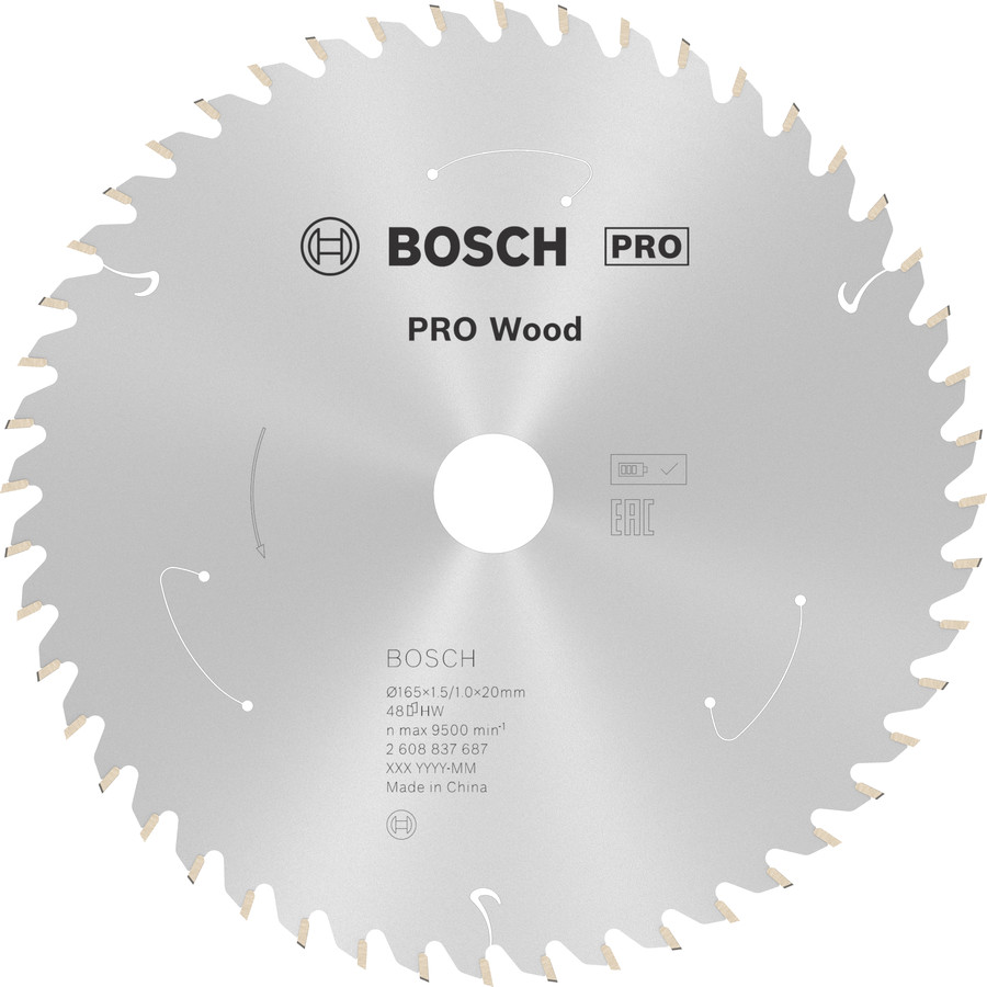 Standard for Wood 165x20x1.5/1.0x48T, Rokas ripzāģiem PRO WOOD CORDLESS RIPZĀĢA ASMENS, 2608837687, BOSCH