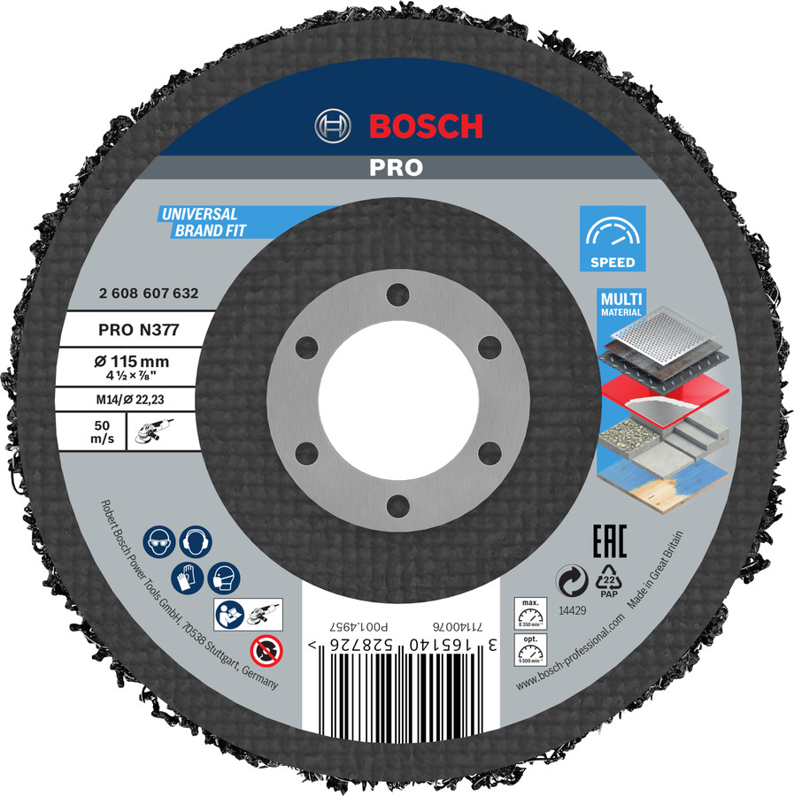 Tīrīšanas disks metālam 115mm, leņķa slīpmašīnai, Mazām leņķa slīpmašīnām PRO N377 TĪRĪŠANAS DISKS, 2608607632 BOSCH