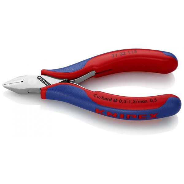 ELECTRONICS DIAGONAL CUTTER HEAD MIRROR POLISHED, HANDLES WITH MULTI-COMPONENT GRIPS, POINTED HEAD, WITH SMALL BEVEL, 7732115SB KNIPEX