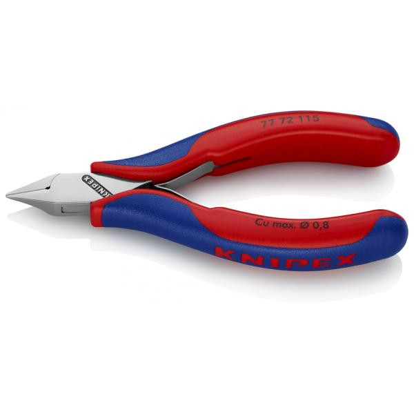 ELECTRONICS DIAGONAL CUTTER HEAD MIRROR POLISHED, HANDLES WITH MULTI-COMPONENT GRIPS, POINTED MINI-HEAD, WITH SMALL BEVEL, 7772115SB KNIPEX